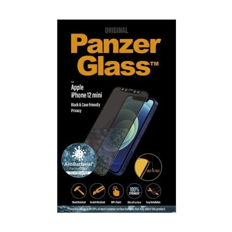 Szkło hartowane PanzerGlass E2E Super+ Microfracture antybakteryjne prywatyzujące na iPhone 12 mini - z czarną ramką