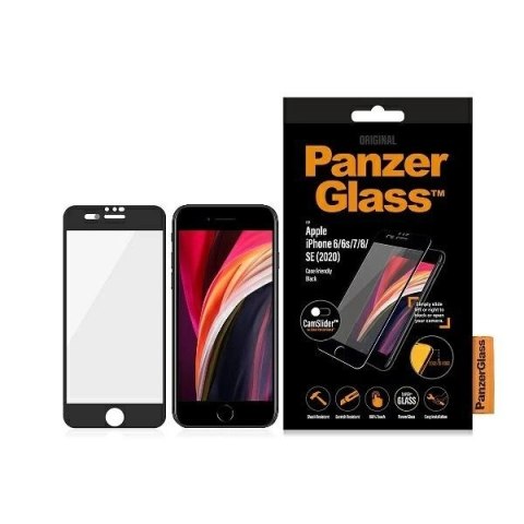 Szkło hartowane PanzerGlass E2E Super+ z zaślepką na aparat na iPhone 6 / 6s / 7 / 8 / SE 2020 / SE 2022 - z czarną ramką