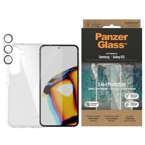 Zestaw PanzerGlass Bundle 3in1 etui przezroczyste + folia + osłona aparatu do Samsung Galaxy S23 Zestaw PanzerGlass Bundle 3in1 etui przezroczyste + folia + osłona aparatu do Samsung Galaxy S23