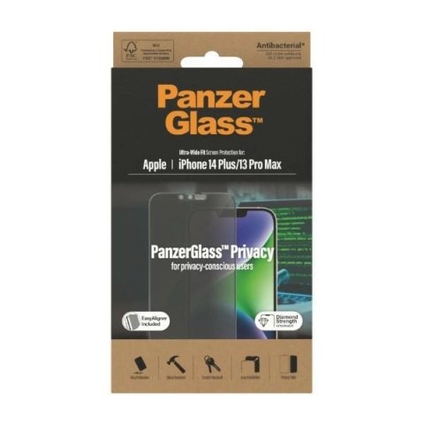 Szkło hartowane PanzerGlass Ultra-Wide Fit antybakteryjne prywatyzujące z pozycjonerem na iPhone 14 Plus / 13 Pro Max