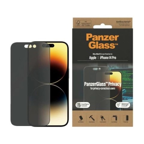 Szkło hartowane PanzerGlass Ultra-Wide Fit antybakteryjne prywatyzujące z pozycjonerem na iPhone 14 Pro