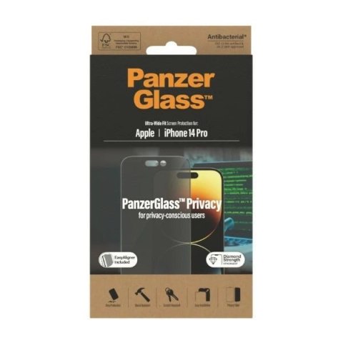 Szkło hartowane PanzerGlass Ultra-Wide Fit antybakteryjne prywatyzujące z pozycjonerem na iPhone 14 Pro