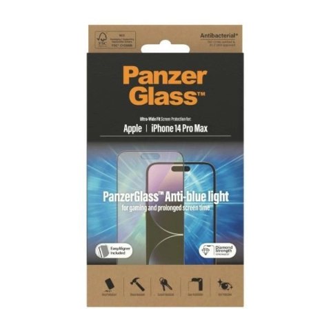 Szkło hartowane PanzerGlass Ultra-Wide Fit antybakteryjne z filtrem niebieskiego światła i pozycjonerem na iPhone 14 Pro Max Szkło hartowane PanzerGlass Ultra-Wide Fit antybakteryjne z filtrem niebieskiego światła i pozycjonerem na iPhone 14 Pro Max