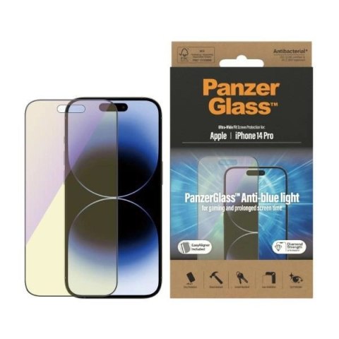 Szkło hartowane PanzerGlass Ultra-Wide Fit antybakteryjne z filtrem niebieskiego światła i pozycjonerem na iPhone 14 Pro