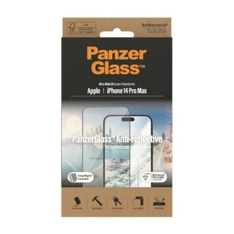 Szkło hartowane PanzerGlass Ultra-Wide Fit antybakteryjne z filtrem odblasków i pozycjonerem na iPhone 14 Pro Max Szkło hartowane PanzerGlass Ultra-Wide Fit antybakteryjne z filtrem odblasków i pozycjonerem na iPhone 14 Pro Max