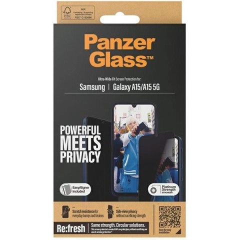 Szkło hartowane PanzerGlass Ultra-Wide Fit prywatyzujące z pozycjonerem na Samsung Galaxy A15 / A15 5G Szkło hartowane PanzerGlass Ultra-Wide Fit prywatyzujące z pozycjonerem na Samsung Galaxy A15 / A15 5G