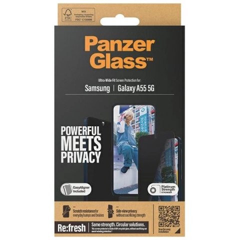 Szkło hartowane PanzerGlass Ultra-Wide Fit prywatyzujące z pozycjonerem na Samsung Galaxy A55 5G Szkło hartowane PanzerGlass Ultra-Wide Fit prywatyzujące z pozycjonerem na Samsung Galaxy A55 5G