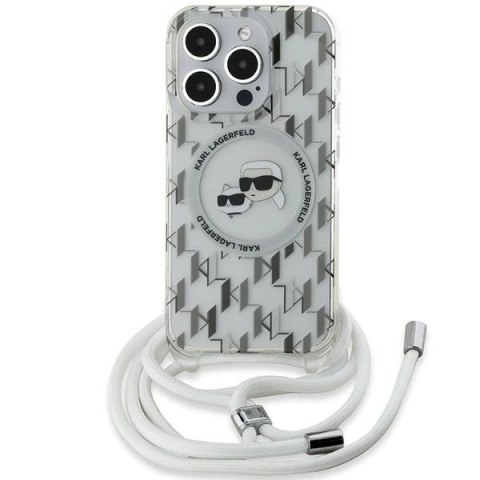Etui Karl Lagerfeld IML Crossbody Monogram Karl & Choupette Head MagSafe na iPhone 15 Pro - przezroczyste Etui Karl Lagerfeld IML Crossbody Monogram Karl & Choupette Head MagSafe na iPhone 15 Pro - przezroczyste