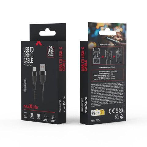Maxlife kabel MXUC-07 USB - USB-C 1,0 m 3A czarny nylonowy Maxlife kabel MXUC-07 USB - USB-C 1,0 m 3A czarny nylonowy