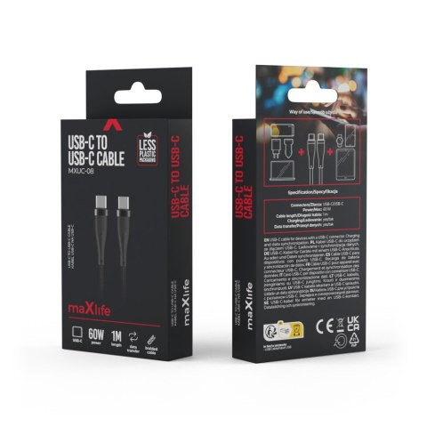 Maxlife kabel MXUC-08 USB-C - USB-C 1,0 m 60W czarny nylonowy Maxlife kabel MXUC-08 USB-C - USB-C 1,0 m 60W czarny nylonowy