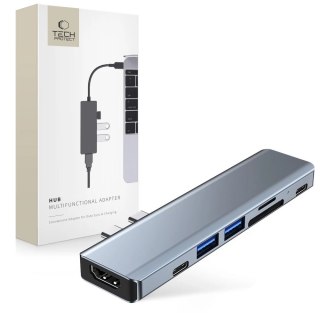 HUB Tech-Protect V5 7w1 2x USB-C - USB-A 3.0 / USB-A 2.0 / 2x USB-C / HDMI / czytnik kart micro SD / TF / SD - szary