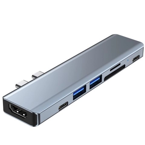 HUB Tech-Protect V5 7w1 2x USB-C - USB-A 3.0 / USB-A 2.0 / 2x USB-C / HDMI / czytnik kart micro SD / TF / SD - szary HUB Tech-Protect V5 7w1 2x USB-C - USB-A 3.0 / USB-A 2.0 / 2x USB-C / HDMI / czytnik kart micro SD / TF / SD - szary