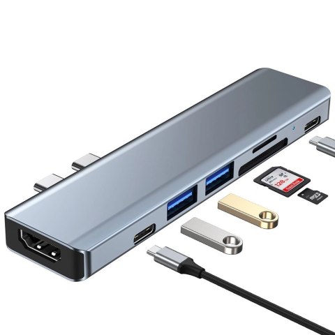 HUB Tech-Protect V5 7w1 2x USB-C - USB-A 3.0 / USB-A 2.0 / 2x USB-C / HDMI / czytnik kart micro SD / TF / SD - szary HUB Tech-Protect V5 7w1 2x USB-C - USB-A 3.0 / USB-A 2.0 / 2x USB-C / HDMI / czytnik kart micro SD / TF / SD - szary