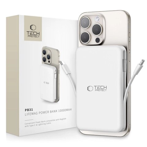 Powerbank Tech-Protect LifeMag PB31 z MagSafe 10000mAh 15W USB-C / USB-A / wbudowane kable USB-C / Lightning - biały Powerbank Tech-Protect LifeMag PB31 z MagSafe 10000mAh 15W USB-C / USB-A / wbudowane kable USB-C / Lightning - biały