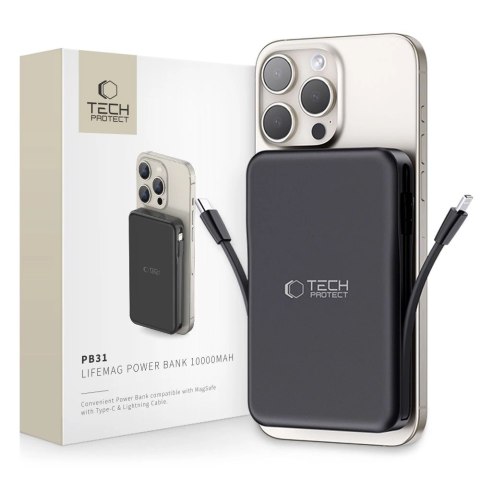 Powerbank Tech-Protect LifeMag PB31 z MagSafe 10000mAh 15W USB-C / USB-A / wbudowane kable USB-C / Lightning - czarny
