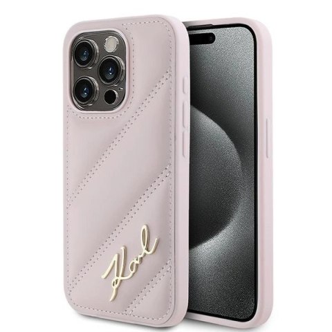 Etui Karl Lagerfeld Diagonal Quilted Script na iPhone 15 Pro - różowe Etui Karl Lagerfeld Diagonal Quilted Script na iPhone 15 Pro - różowe