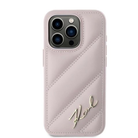 Etui Karl Lagerfeld Diagonal Quilted Script na iPhone 15 Pro - różowe Etui Karl Lagerfeld Diagonal Quilted Script na iPhone 15 Pro - różowe