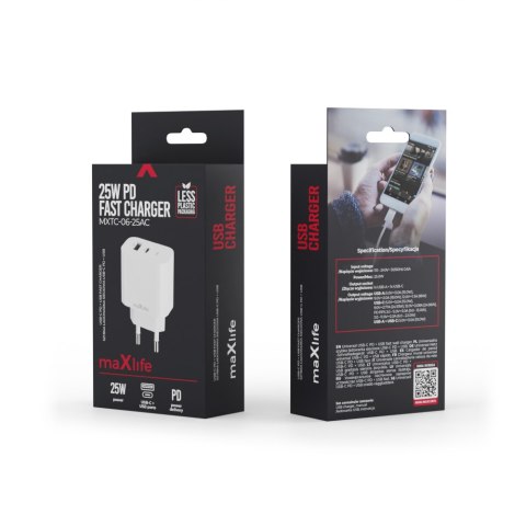 Maxlife ładowarka sieciowa PD QC MXTC-06-25AC 1x USB-C 1x USB 25W biała Maxlife ładowarka sieciowa PD QC MXTC-06-25AC 1x USB-C 1x USB 25W biała