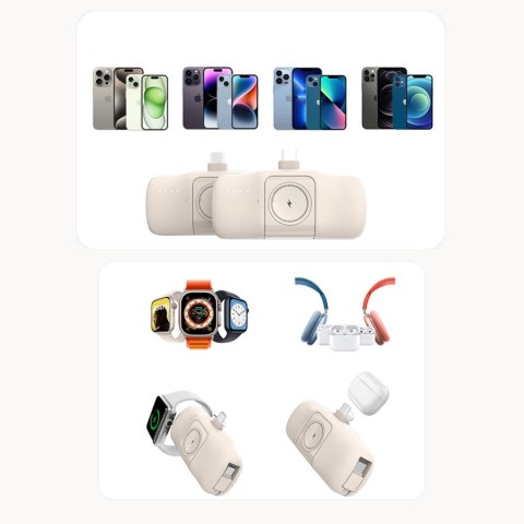 Mini powerbank Wozinsky WF16-YCS 5000mAh 15W USB-C z wbudowanym kablem USB-C i ładowarką do Apple Watch - beżowy Mini powerbank Wozinsky WF16-YCS 5000mAh 15W USB-C z wbudowanym kablem USB-C i ładowarką do Apple Watch - beżowy