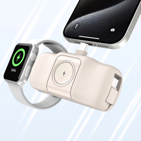 Mini powerbank Wozinsky WF16-YCS 5000mAh 15W USB-C z wbudowanym kablem USB-C i ładowarką do Apple Watch - beżowy Mini powerbank Wozinsky WF16-YCS 5000mAh 15W USB-C z wbudowanym kablem USB-C i ładowarką do Apple Watch - beżowy