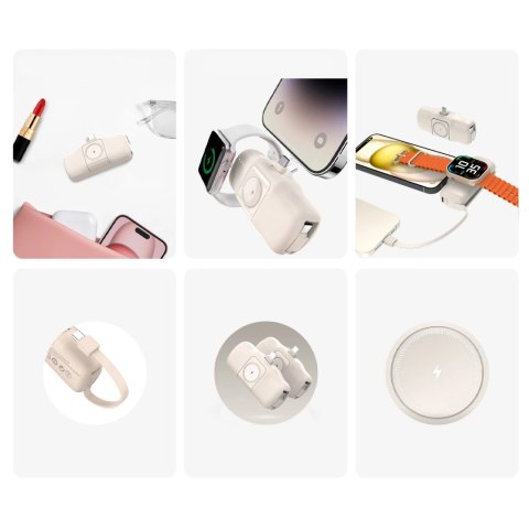 Mini powerbank Wozinsky WF16-YCS 5000mAh 15W USB-C z wbudowanym kablem USB-C i ładowarką do Apple Watch - beżowy Mini powerbank Wozinsky WF16-YCS 5000mAh 15W USB-C z wbudowanym kablem USB-C i ładowarką do Apple Watch - beżowy