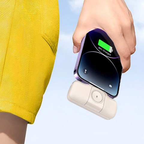 Mini powerbank Wozinsky WF16-YCS 5000mAh 15W USB-C z wbudowanym kablem USB-C i ładowarką do Apple Watch - beżowy Mini powerbank Wozinsky WF16-YCS 5000mAh 15W USB-C z wbudowanym kablem USB-C i ładowarką do Apple Watch - beżowy