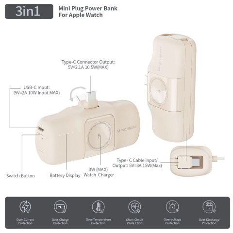 Mini powerbank Wozinsky WF16-YCS 5000mAh 15W USB-C z wbudowanym kablem USB-C i ładowarką do Apple Watch - beżowy Mini powerbank Wozinsky WF16-YCS 5000mAh 15W USB-C z wbudowanym kablem USB-C i ładowarką do Apple Watch - beżowy