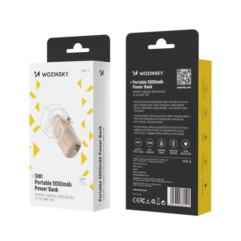 Mini powerbank Wozinsky WF16-YCS 5000mAh 15W USB-C z wbudowanym kablem USB-C i ładowarką do Apple Watch - beżowy Mini powerbank Wozinsky WF16-YCS 5000mAh 15W USB-C z wbudowanym kablem USB-C i ładowarką do Apple Watch - beżowy