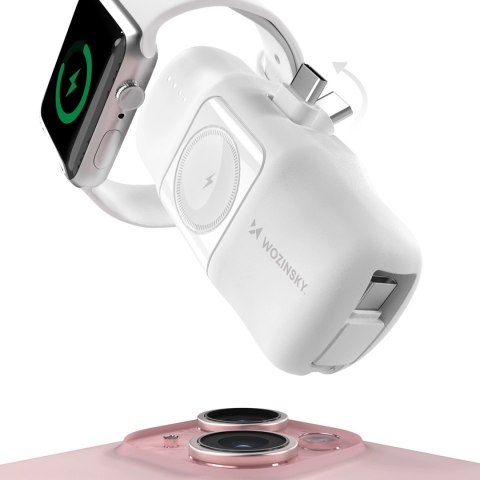 Mini powerbank Wozinsky WF16-YCS 5000mAh 15W USB-C z wbudowanym kablem USB-C i ładowarką do Apple Watch - biały Mini powerbank Wozinsky WF16-YCS 5000mAh 15W USB-C z wbudowanym kablem USB-C i ładowarką do Apple Watch - biały