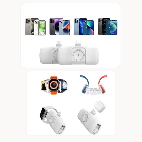 Mini powerbank Wozinsky WF16-YCS 5000mAh 15W USB-C z wbudowanym kablem USB-C i ładowarką do Apple Watch - biały Mini powerbank Wozinsky WF16-YCS 5000mAh 15W USB-C z wbudowanym kablem USB-C i ładowarką do Apple Watch - biały