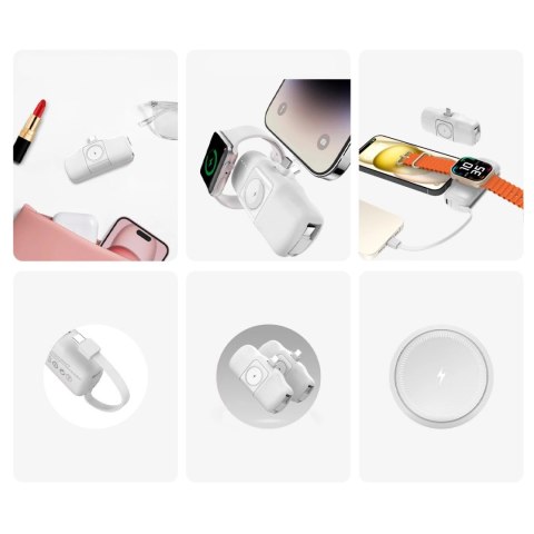 Mini powerbank Wozinsky WF16-YCS 5000mAh 15W USB-C z wbudowanym kablem USB-C i ładowarką do Apple Watch - biały Mini powerbank Wozinsky WF16-YCS 5000mAh 15W USB-C z wbudowanym kablem USB-C i ładowarką do Apple Watch - biały