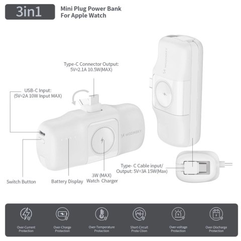 Mini powerbank Wozinsky WF16-YCS 5000mAh 15W USB-C z wbudowanym kablem USB-C i ładowarką do Apple Watch - biały Mini powerbank Wozinsky WF16-YCS 5000mAh 15W USB-C z wbudowanym kablem USB-C i ładowarką do Apple Watch - biały