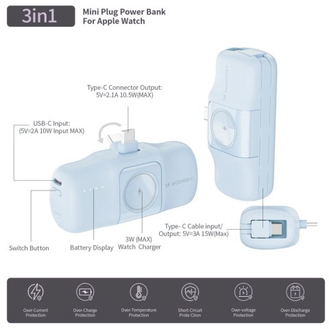 Mini powerbank Wozinsky WF16-YCS 5000mAh 15W USB-C z wbudowanym kablem USB-C i ładowarką do Apple Watch - niebieski Mini powerbank Wozinsky WF16-YCS 5000mAh 15W USB-C z wbudowanym kablem USB-C i ładowarką do Apple Watch - niebieski
