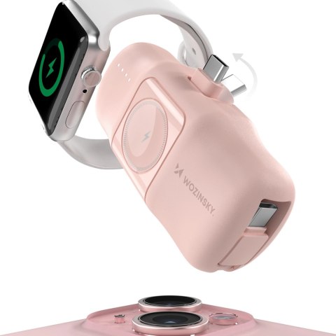 Mini powerbank Wozinsky WF16-YCS 5000mAh 15W USB-C z wbudowanym kablem USB-C i ładowarką do Apple Watch - różowy