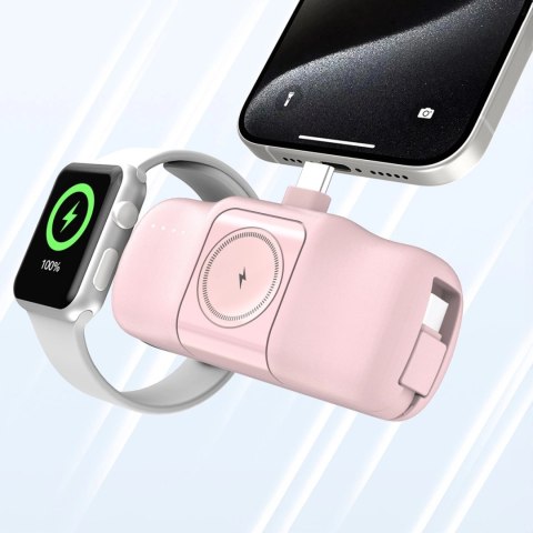 Mini powerbank Wozinsky WF16-YCS 5000mAh 15W USB-C z wbudowanym kablem USB-C i ładowarką do Apple Watch - różowy