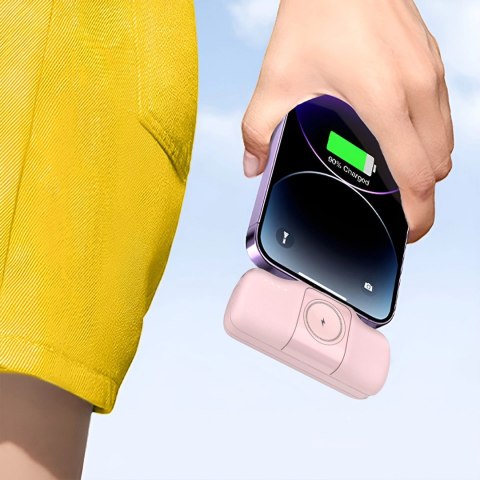 Mini powerbank Wozinsky WF16-YCS 5000mAh 15W USB-C z wbudowanym kablem USB-C i ładowarką do Apple Watch - różowy