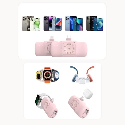 Mini powerbank Wozinsky WF16-YCS 5000mAh 15W USB-C z wbudowanym kablem USB-C i ładowarką do Apple Watch - różowy