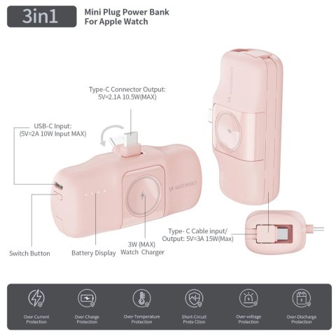 Mini powerbank Wozinsky WF16-YCS 5000mAh 15W USB-C z wbudowanym kablem USB-C i ładowarką do Apple Watch - różowy