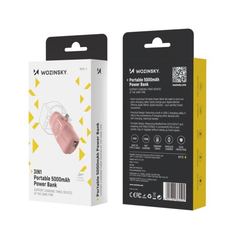 Mini powerbank Wozinsky WF16-YCS 5000mAh 15W USB-C z wbudowanym kablem USB-C i ładowarką do Apple Watch - różowy