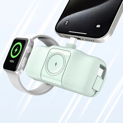 Mini powerbank Wozinsky WF16-YCS 5000mAh 15W USB-C z wbudowanym kablem USB-C i ładowarką do Apple Watch - zielony Mini powerbank Wozinsky WF16-YCS 5000mAh 15W USB-C z wbudowanym kablem USB-C i ładowarką do Apple Watch - zielony