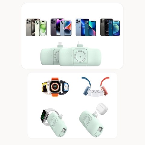 Mini powerbank Wozinsky WF16-YCS 5000mAh 15W USB-C z wbudowanym kablem USB-C i ładowarką do Apple Watch - zielony Mini powerbank Wozinsky WF16-YCS 5000mAh 15W USB-C z wbudowanym kablem USB-C i ładowarką do Apple Watch - zielony