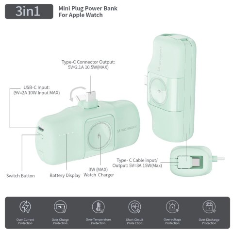 Mini powerbank Wozinsky WF16-YCS 5000mAh 15W USB-C z wbudowanym kablem USB-C i ładowarką do Apple Watch - zielony Mini powerbank Wozinsky WF16-YCS 5000mAh 15W USB-C z wbudowanym kablem USB-C i ładowarką do Apple Watch - zielony