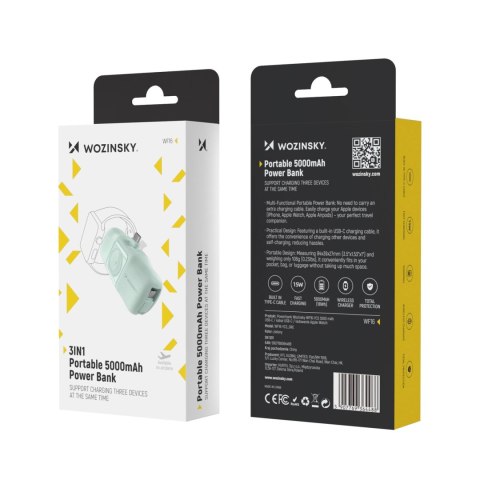 Mini powerbank Wozinsky WF16-YCS 5000mAh 15W USB-C z wbudowanym kablem USB-C i ładowarką do Apple Watch - zielony Mini powerbank Wozinsky WF16-YCS 5000mAh 15W USB-C z wbudowanym kablem USB-C i ładowarką do Apple Watch - zielony