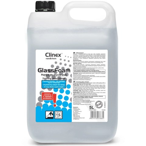 Profesjonalna piana do mycia szyb luster szkła bez smug i zacieków CLINEX Glass Foam 5L Profesjonalna piana do mycia szyb luster szkła bez smug i zacieków CLINEX Glass Foam 5L