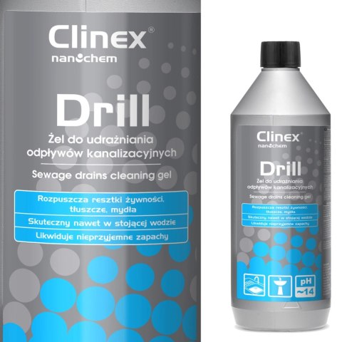Żel środek do udrażniania zlewów rur kanalizacji CLINEX Drill 1L Żel środek do udrażniania zlewów rur kanalizacji CLINEX Drill 1L