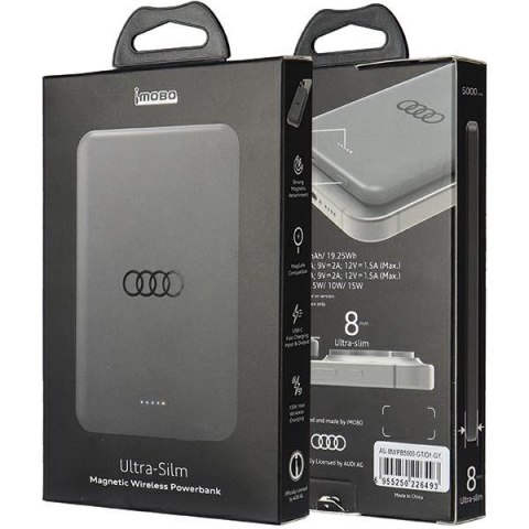 Powerbank Audi Big Logo MagSafe indukcyjny 15W 5000mAh - szary Powerbank Audi Big Logo MagSafe indukcyjny 15W 5000mAh - szary