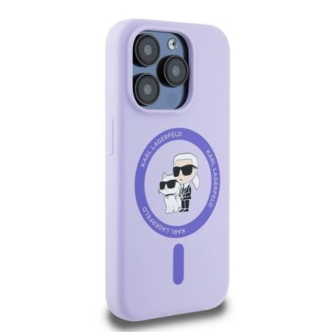 Etui Karl Lagerfeld Silicone Karl&Choupette Heads Ring MagSafe na iPhone 15 Pro - fioletowe
