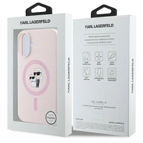 Etui Karl Lagerfeld Silicone Karl&Choupette Heads Ring MagSafe na iPhone 16 Plus - różowe