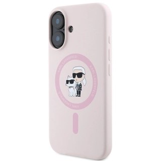 Etui Karl Lagerfeld Silicone Karl&Choupette Heads Ring MagSafe na iPhone 16 - różowe