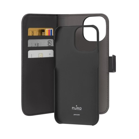 Etui z ekoskóry Puro Wallet Detachable MagSafe 2w1 z klapką i portfelem do iPhone 15 Pro - czarne